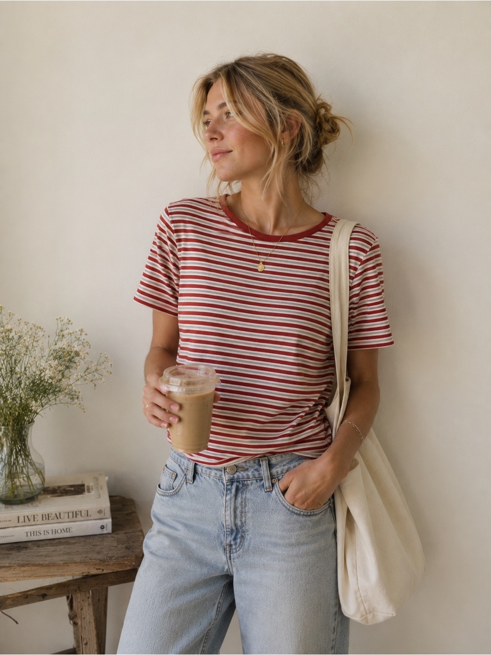 L.L. Bean Red & Cream Striped Short Sleeve Tee